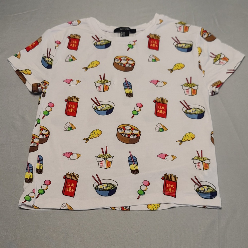 Forever 21 Food Print T-Shirt Women Medium White Ramen Boba Dumpling Graphic Tee